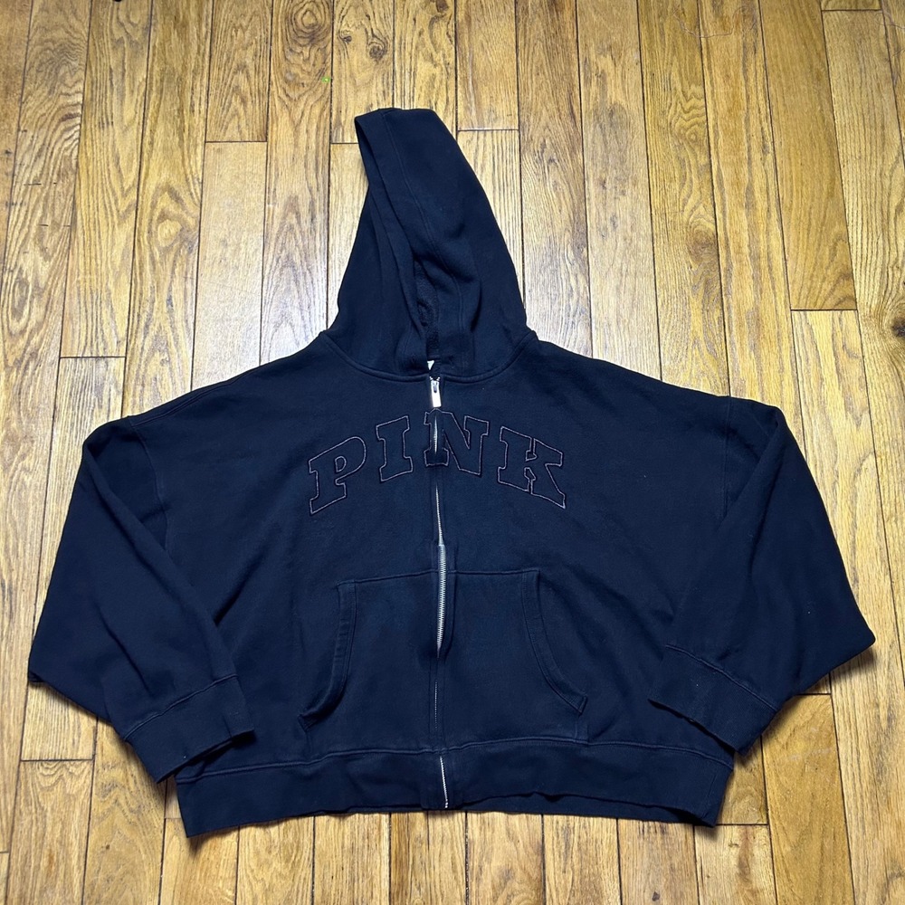 PINK Victoria's Secret Black Embroidered Full Zip Cropped Hoodie XXL 423989-QUO